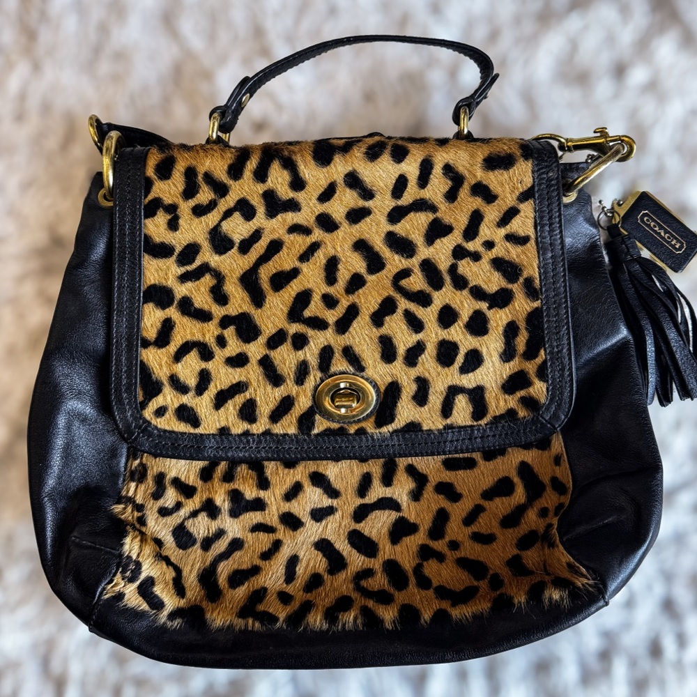 Coach Park Ocelot Hair Calf Leather Flap Satchel Shoulder Bag